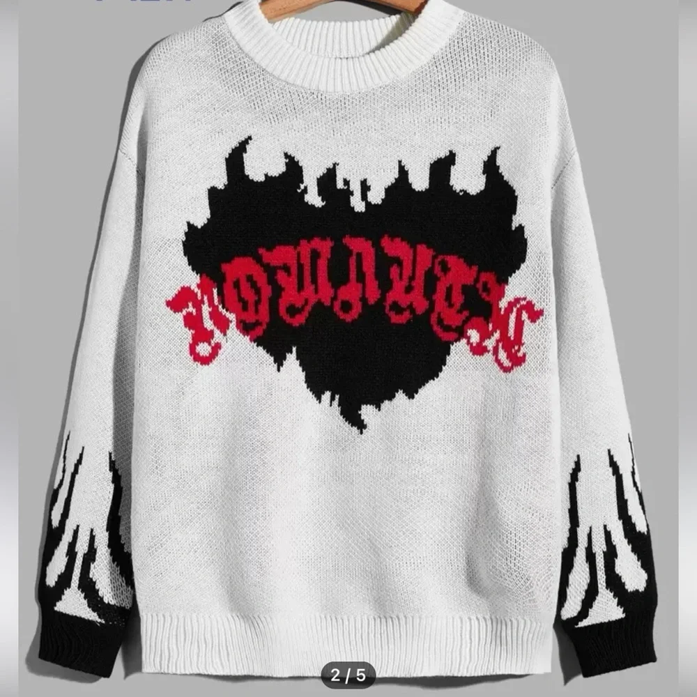 ROMWE White and Black Flame Graphic Sweater